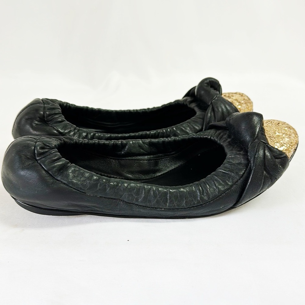 TORY BURCH “Katie” Black Leather Ballet Flats With Gold Glitter Toe Size 7 - Picture 3 of 10